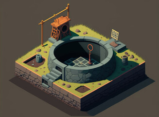 The sewerage system is being built, reinforced concrete is being placed in the ring, a concrete well, a water pipe in the pit, and waterproofing has been applied to the black well. Generative AI