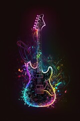 Fototapeta na wymiar Abstract neon light Electric Guitar, artwork design, digital art, wallpaper, glowing, space background. Generative ai