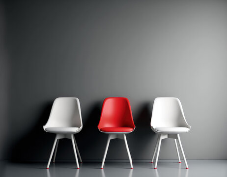 Office or area with three empty white seats and one red chair against a gray wall. Nobody inside, uncluttered, and open area. employment, leadership, and business obligations virus covid 19, mockup