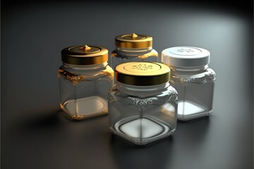  three glass jars with gold lids on a black surface with a gold lid and a white base with a gold lid and a white base with a gold top.  generative ai