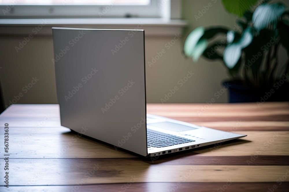 Canvas Prints Close up of a contemporary laptop on a hardwood table in a bright room. Concept of business and technology. Generative AI