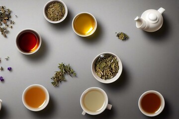 Obraz na płótnie Canvas Aromatic herbal tea with thyme on grey table, flat lay. Generative AI