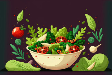 Web banner or landing page with a fresh salad in a dish. Individuals cooking organic. Generative AI