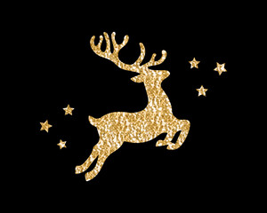 Decorative golden glitter reindeer and star illustration, vector design for fashion, poster, card and sticker prints