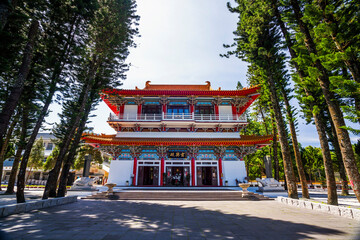 Building view of Xuanzang Temple in Sun Moon Lake of Nantou, Taiwan. The structure is modeled after ancient halls and rooms of the Tang dynasty.