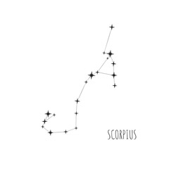 Constellation Scorpius scheme in starry sky. Doodle, sketch, linear icons of all 88 constellations on white background
