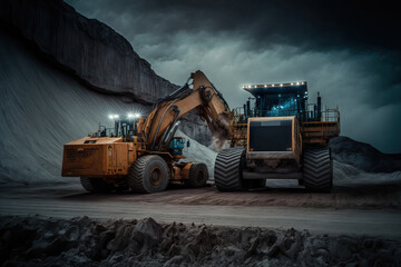 A close up of a large mining truck and an excavator with a limestone quarry in the background. The image of a moving excavator after a long exposure is blurry. Generative AI