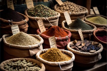  a variety of spices and herbs are on display at a market stall in a city market place, with price tags hanging on the bags.  generative ai