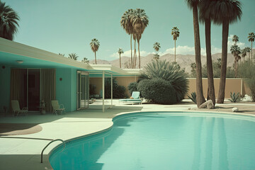 Poolside and house in Palm Springs, California, Generative AI