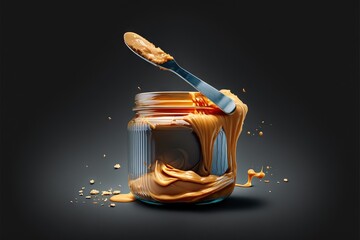  a jar of peanut butter with a spoon sticking out of the top of it and spilled peanut butter on the bottom of the jar, on a black background.  generative ai