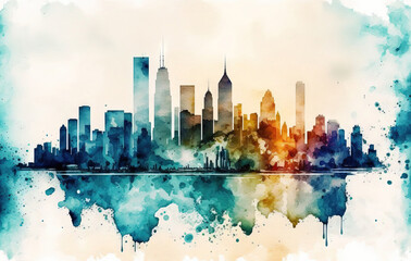 Chicago cityscape is an abstract watercolor sketch from Illinois, USA. Generative AI
