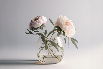 Fototapeta premium a glass vase with flowers in it on a white tableclothed surface with a shadow of a wall in the background and a white wall in the background. generative ai