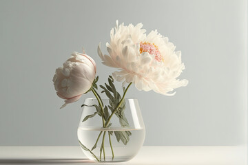  two flowers in a vase with water inside of it on a white table top with a light gray wall in the backround of the photo.  generative ai - obrazy, fototapety, plakaty