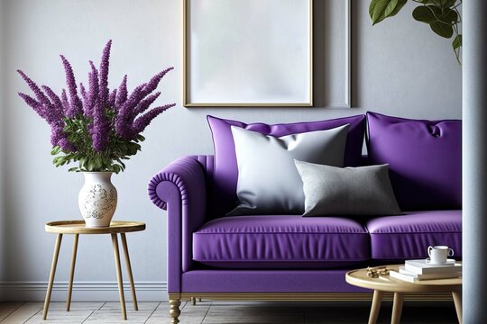 a mock up of a home featuring a purple sofa and flowers in the living room,. Generative AI