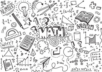 Set of doodles with math elements, hand drawn illustration - obrazy, fototapety, plakaty
