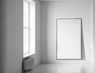 Mockup of a white room with a blank poster on the wall. Generative AI