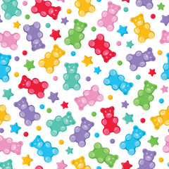Colorful gummy bears seamless pattern, gummy candies. Bright jelly sweets background. Vector illustration - 567835492