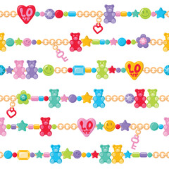 Colorful plastic bracelets with gummy bears, star, heart, flower and heart. Bright hand drawn seamless pattern. Vector illustration - 567835498