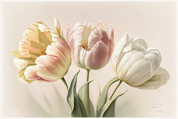 Bouquet of pastel tulips on white background. Spring themed Wrappers, wallpapers, postcards, greeting cards, wedding invitations, prints, posters. Created with AI.