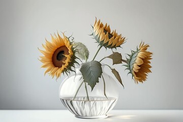  a vase with a bunch of sunflowers in it on a white table top with a gray background and a light gray wall behind it.  generative ai