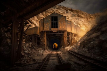 Fototapeta na wymiar Old Abandoned Gold Mine with Railroad in Mountains Photo Wallpaper Generative AI