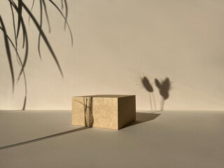 Square Podium on beige background and palm shadow. Pedestal with a cottonweed. Product promotion....