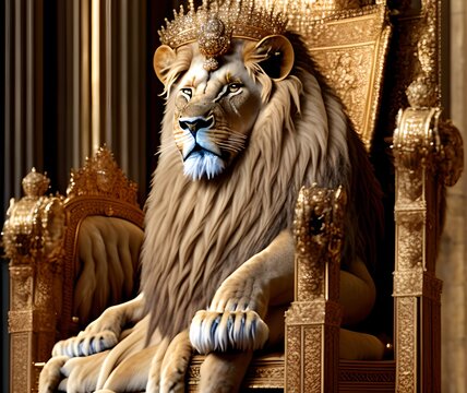 Royal Lion Sitting on Throne, Generative AI Illustration