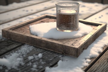  a glass of beer sitting on top of a wooden tray covered in snow on a wooden table outside in the snow with snow on the ground.  generative ai - obrazy, fototapety, plakaty