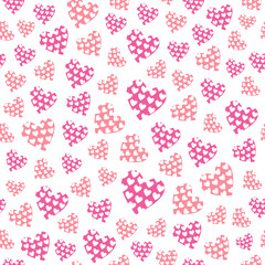 Seamless background with different stylized hearts. Background for Valentine's Day, birthday or wedding. Pink hearts on a white background