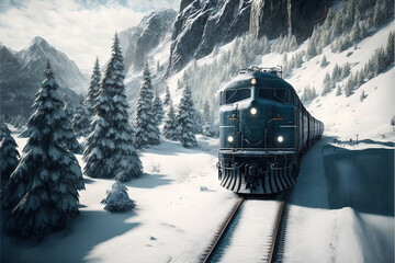  a train traveling through a snow covered mountain side next to evergreen trees and snow covered mountains in the distance, with a blue sky and white background.  generative ai