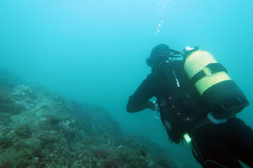 Scuba Diver looking at reef with fishes off the coast of La Herradura in Spain