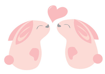 Two cute romantic pink rabbits in love. Valentine's day card