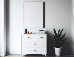 a mock up poster frame atop a chest of drawers close to a white wall,. Generative AI