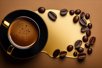 Cup of coffee and coffee beans on gold black background. Top view.