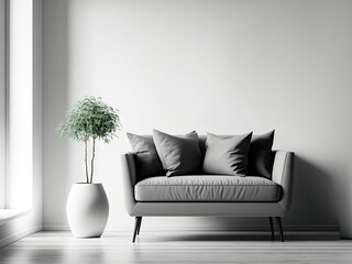 Bright modern living room mockup, gray sofa on white classic background, panorama,. Generative AI