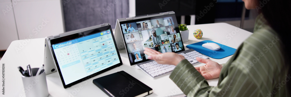 Poster telecommuting on desktop office computer