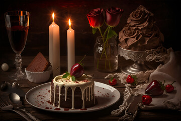 valentine's day chocolate cake with red rose