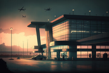Airport Landscape, outside of airport, architectural building, illustration, moody, graphic art, abstract, cars, travel, travelers, transport, morning, dusk, planes flying, airport entrance
