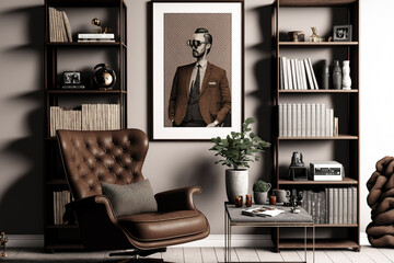 A creative arrangement of a classy, masculine living room decor that includes a brown recliner, an industrial geometric shelf, a mock up poster frame, and personal accessories. Template. Generative AI