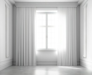 Empty room mockup, white interior with a window and curtains, , copy space. Generative AI