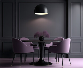 Meeting area or dining room with large black round table and lavender very peri chairs. Empty wall for wallpaper or art, decor, lamp. Modern premium interior rich design and background. Generative AI