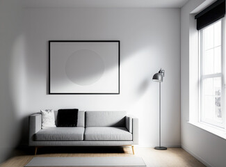 View of a light living room from the front, showing a sofa, a blank white poster, a white wall, an oak hardwood floor, a large window, and a coffee table. minimalist design and art ideas. Generative