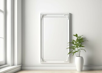 a white room with a mirror with a wooden frame. In a white room, a mirror. with a wooden frame, a mirror. Generative AI