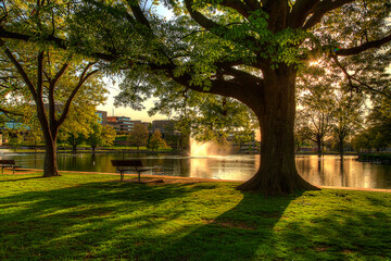 Late Evening at Capaha Park. Golden hour sunlight filters through the tall oak tree reflected in the calm surface of the pond.  Branches hang over an empty shady bench. 