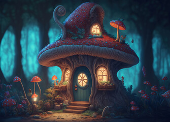 A whimsical mushroom house in the forest with door and windows, art illustration 