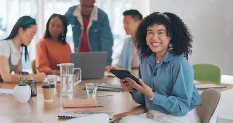 Face, leadership and black woman with tablet in meeting for advertising or marketing strategy. Ceo,...