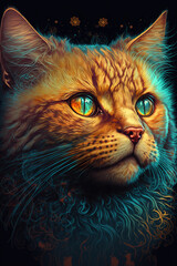 Cat close up painting, psychedelic art, illustration 