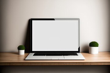 Fototapeta premium a laptop pc with a wooden table and a blank copy space screen. Modern interior design template with a minimal look and mockup copy space. Generative AI