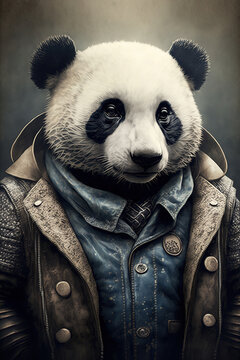 Anthropomorphic stylish Panda wearing a human leather coat fashion design, art illustration 