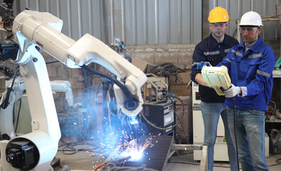 engineer teaching robot welding machine , he explanation how to working of robot arm , all function is controlled by remote